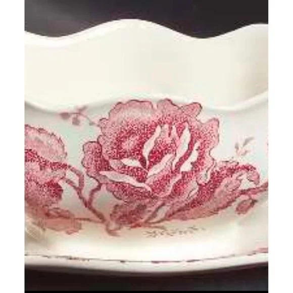 English Chippendale Red Pink Gravy Boat with Attached Underplate